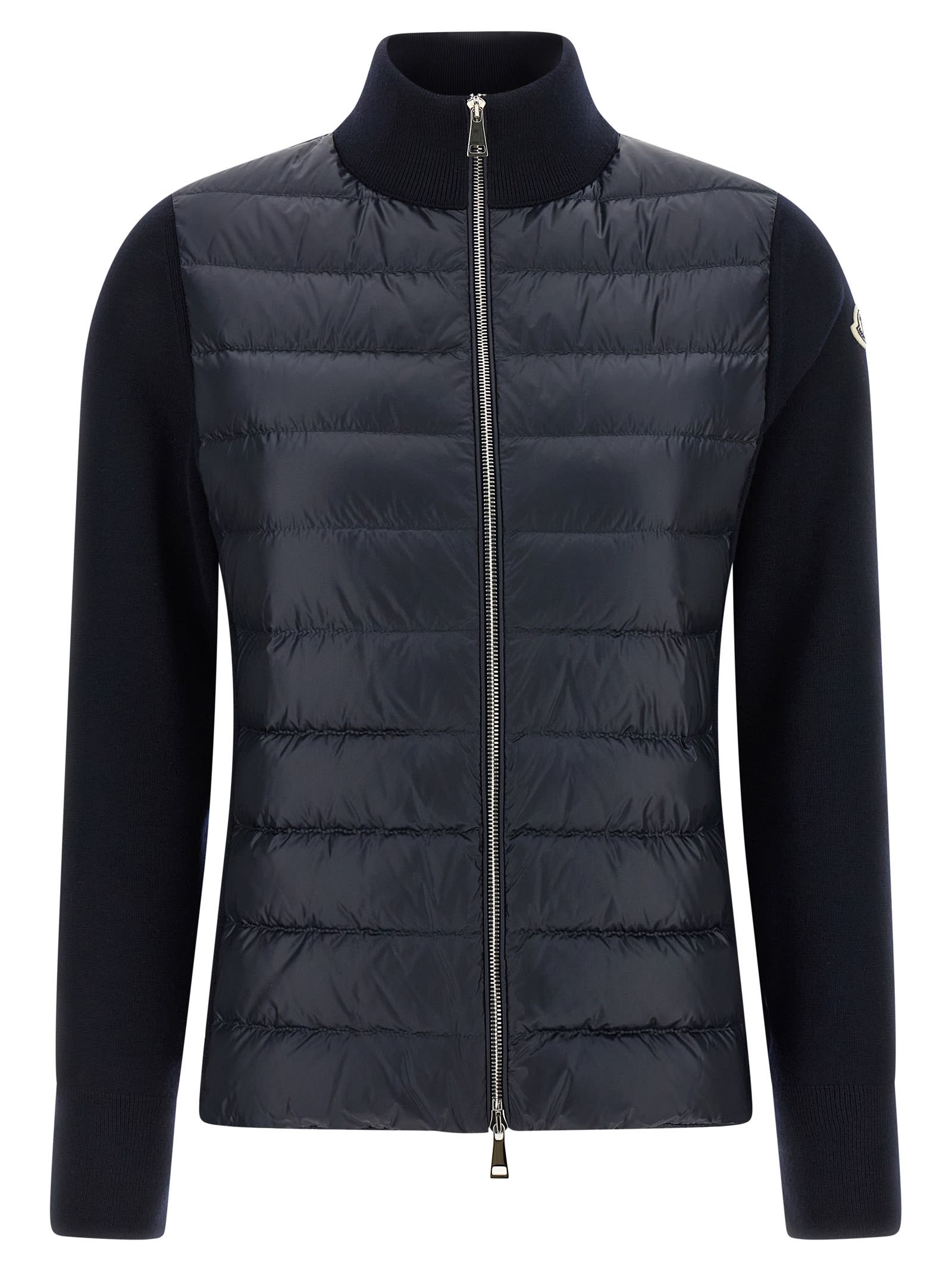 Moncler Two-material Cardigan With High Neck And Zip Closure In Blue