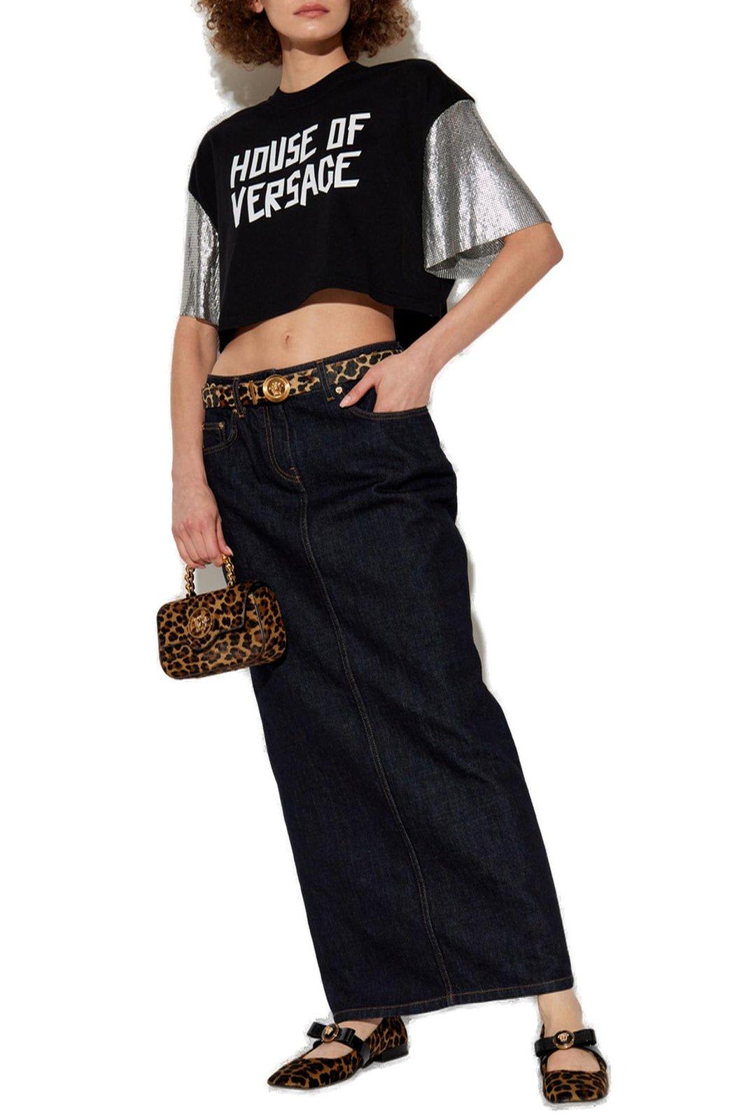 Shop Versace Medusa 95 High-waist Denim Skirt In Black