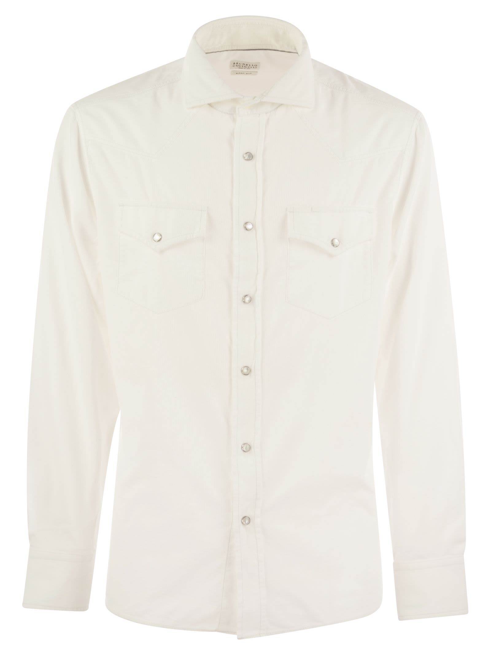 Shop Brunello Cucinelli Garmentdyed Corduroy Easyfit Shirt With Press Studs, Epaulettes And Pockets In White