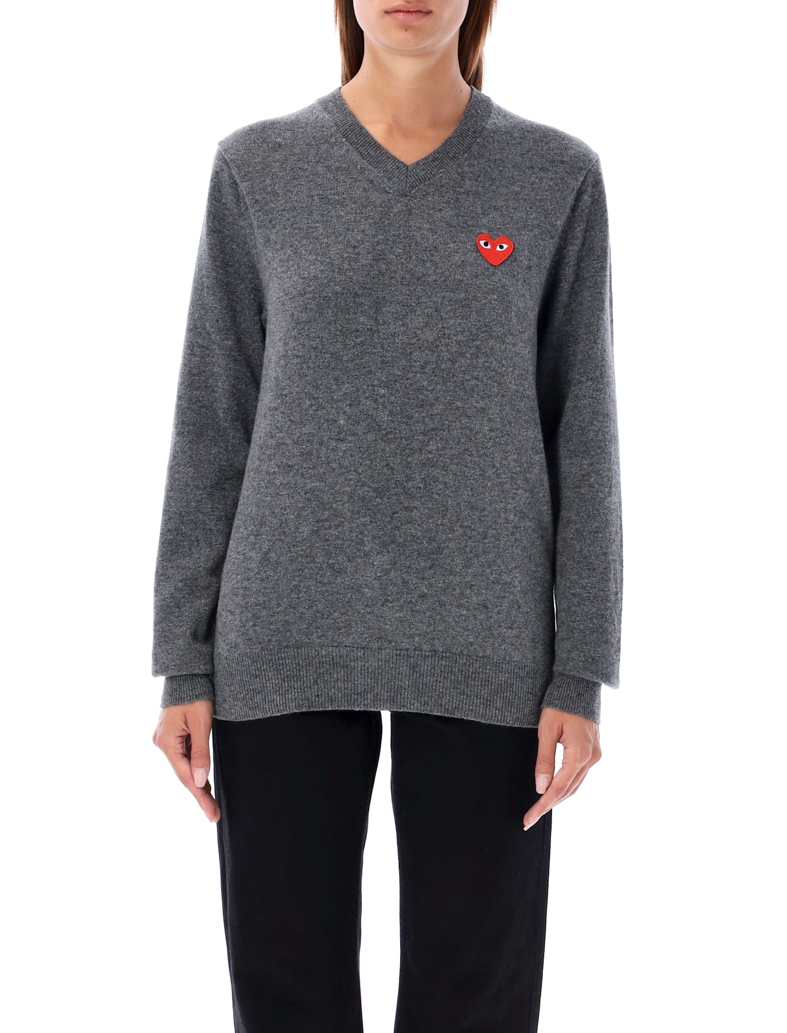 Shop Comme Des Garçons Play Red Heart Patch V-neck In Grey