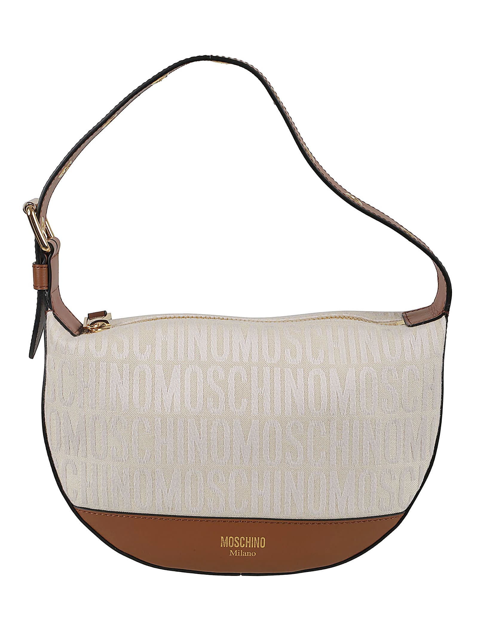 Shop Moschino Canvas Jacquard Logo Shoulder Bag In Ivory