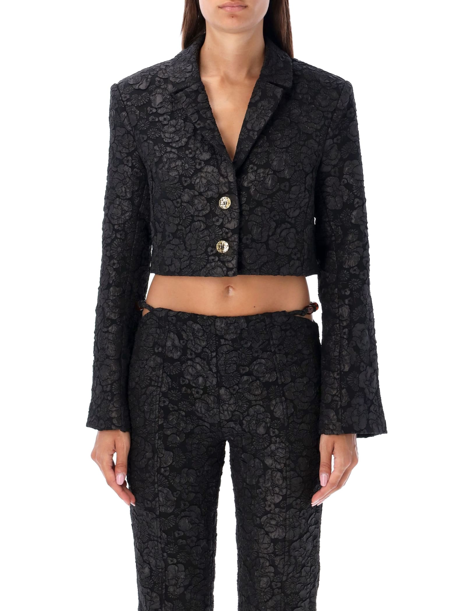 Ganni Stretch Jacquard Cropped Blazer In Black