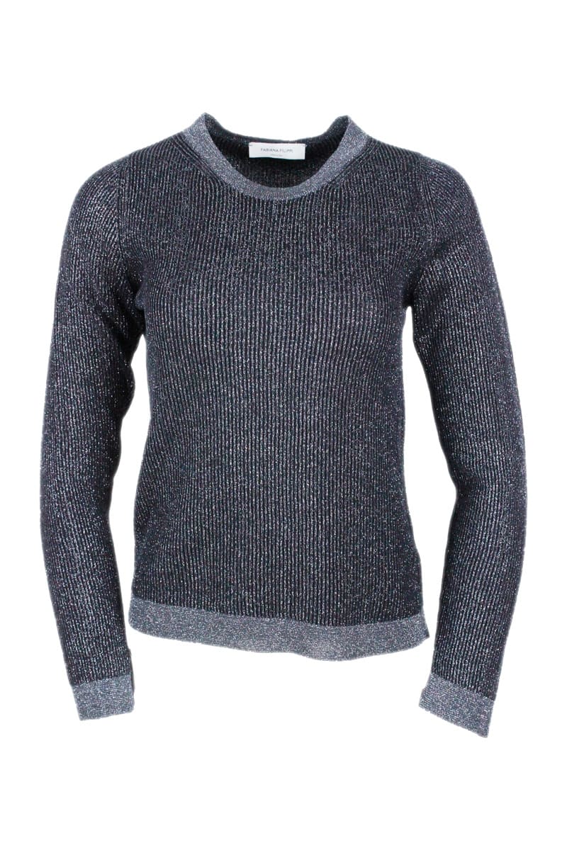 Long-sleeved Crew-neck Sweater In Organic Cotton And Lurex With Ribbed Knit