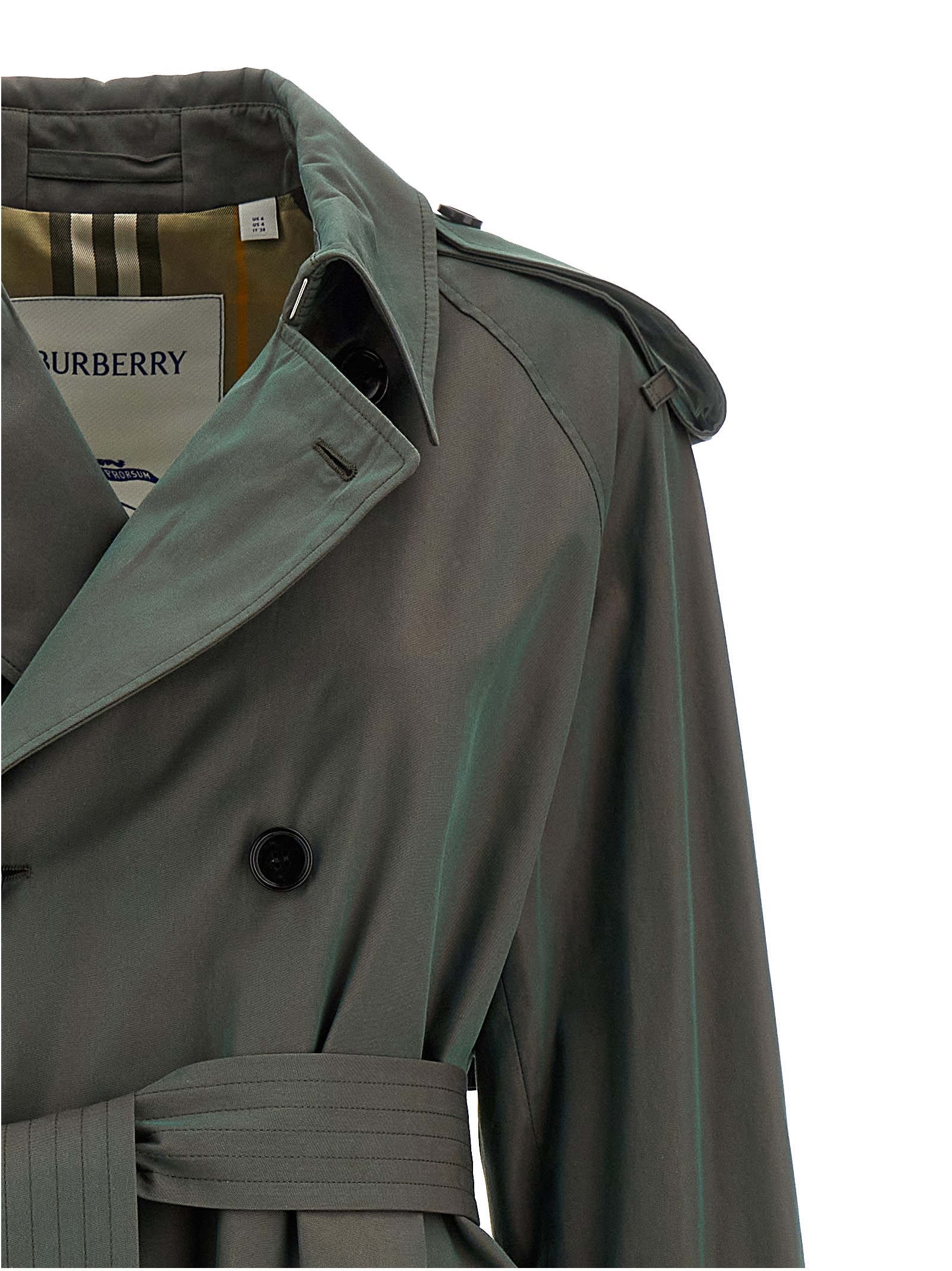 Shop Burberry Long Iridescent Trench Coat In Green