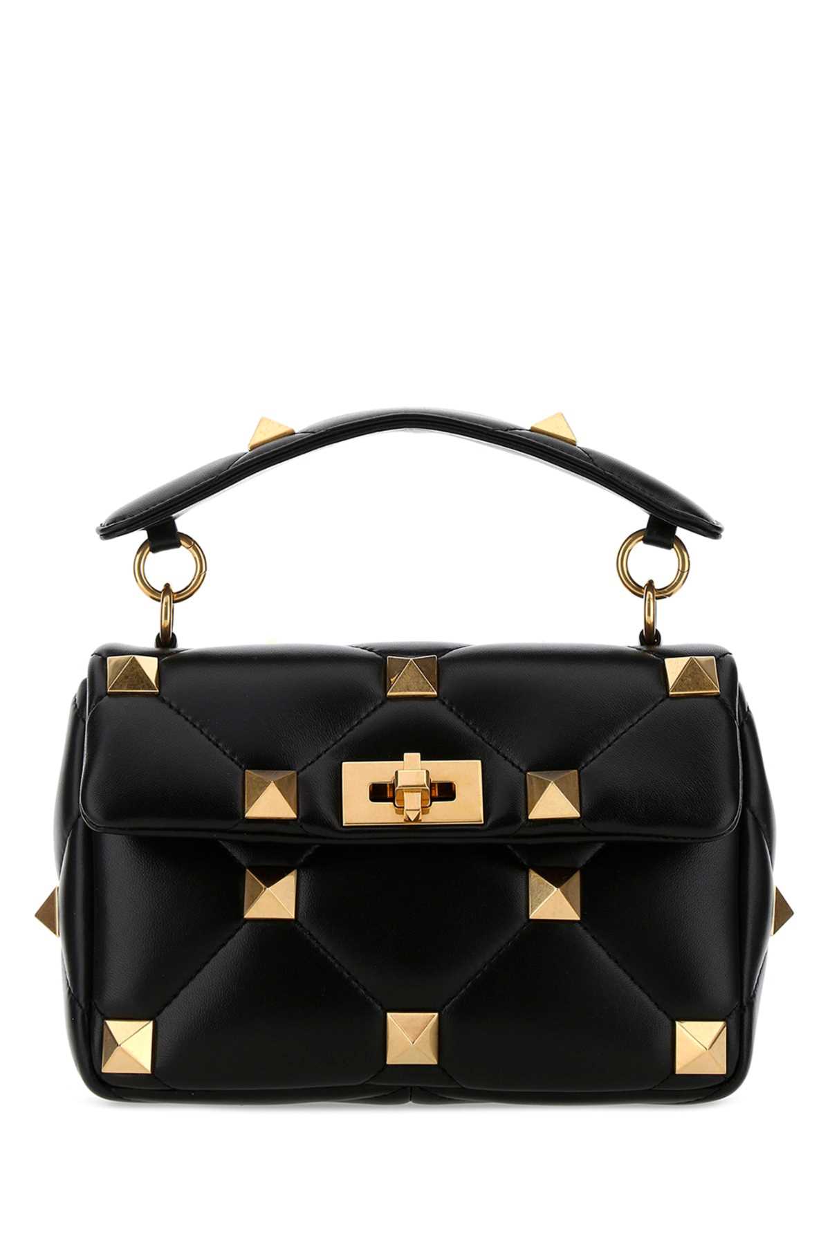 Shop Valentino Black Nappa Leather Medium Roman Stud Handbag In 0no