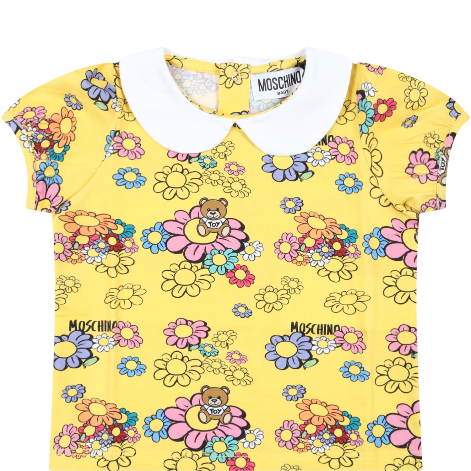 Moschino Yellow T-shirt For Baby Girl With Flowers And Logo
