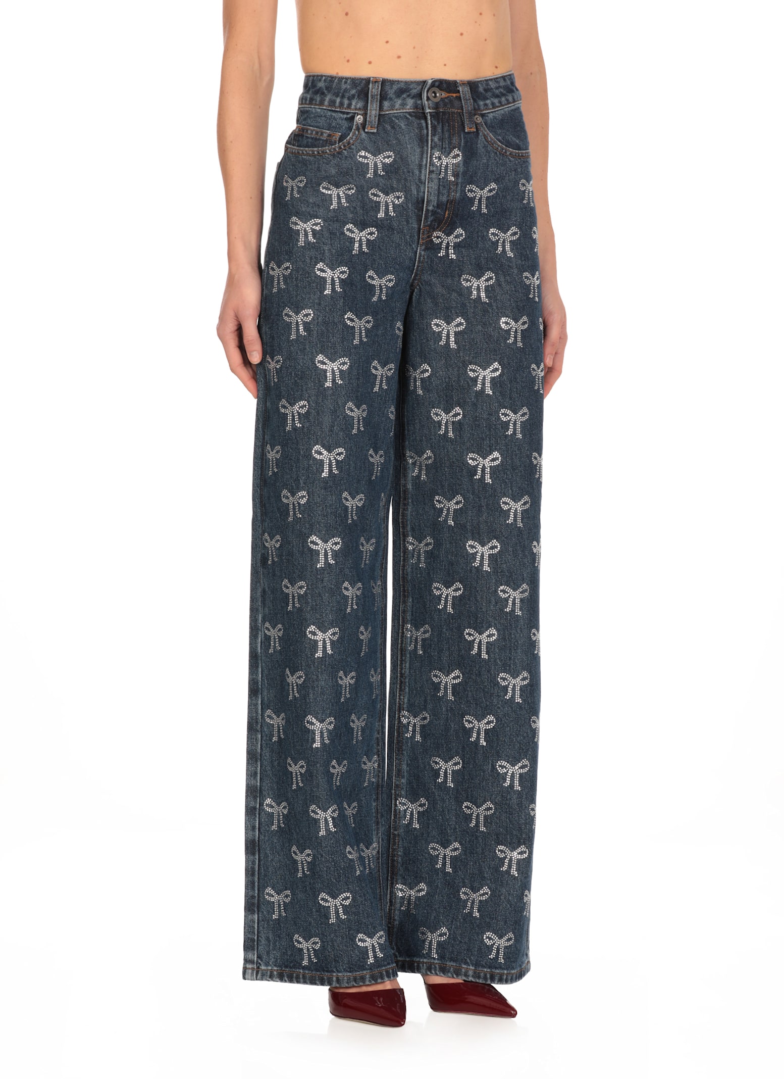 Self-portrait Blue Jeans With All-over Rhinestoned Bow Embellishments In Denim Woman In Blue