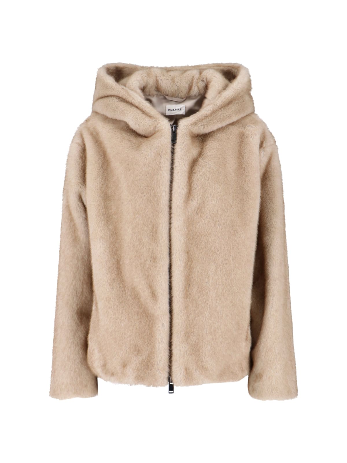 P.a.r.o.s.h Faux Fur Hooded Jacket With Wide Sleeves And Cropped Silhouette In Neutral