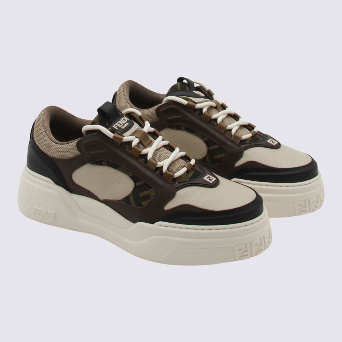 Fendi Force Leather Sneakers With Ff Jacquard And Mesh Details Shoes In Multi