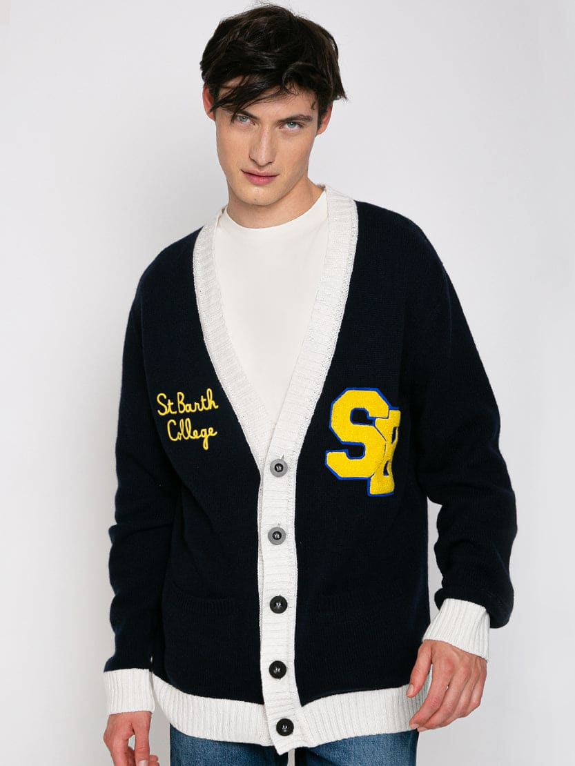 Mc2 Saint Barth Knitted Cardigan With Patch And St. Barth College Embroidery In Blue