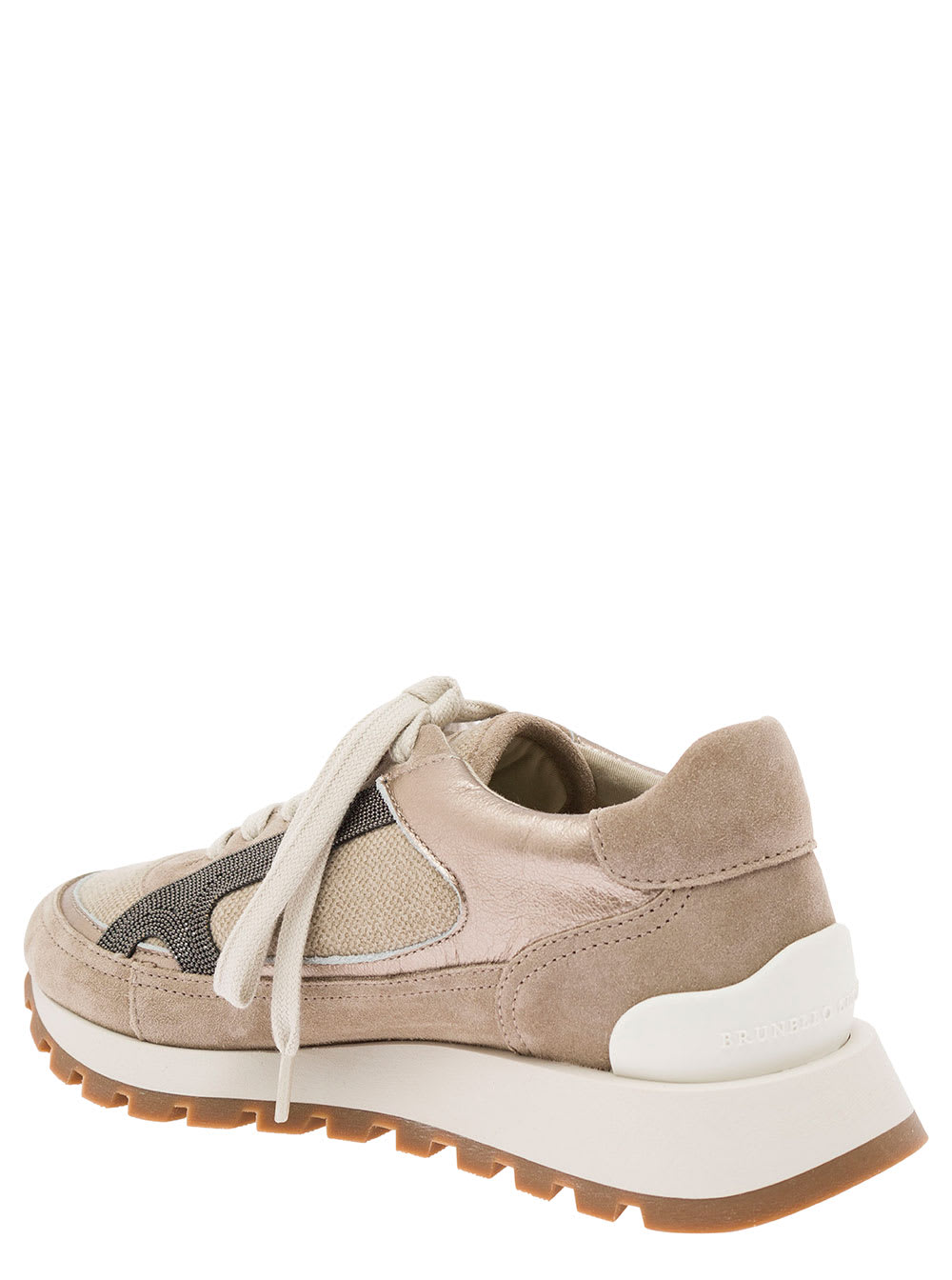 Shop Brunello Cucinelli Beige Low Top Sneakers With Monile Detail In Leather And Suede Woman In Brown