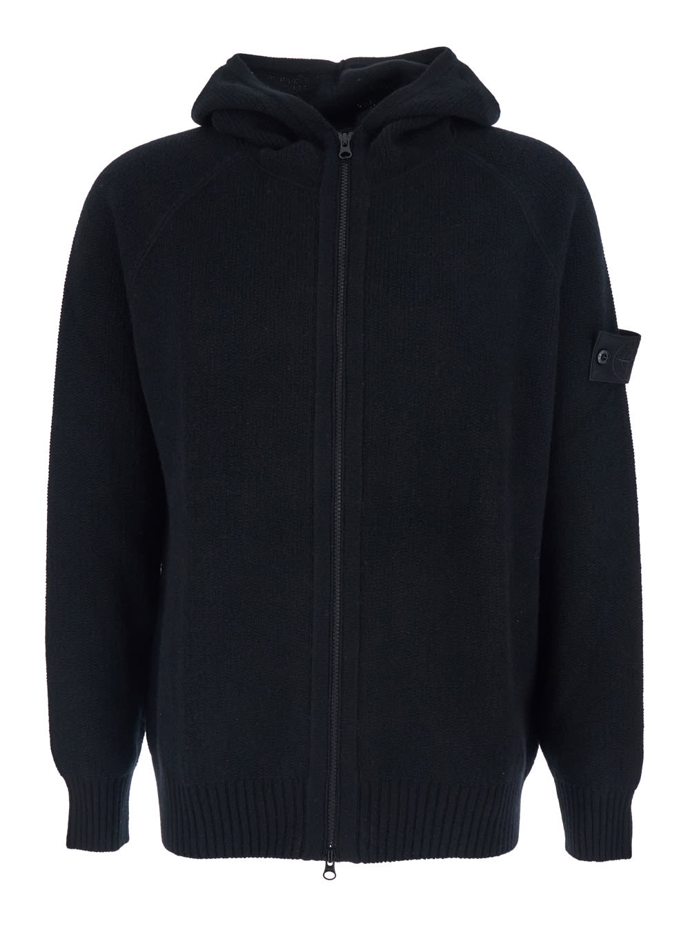 Stone Island Black Sweater With Hood And Logo Patch On The Sleeve In Cashmere Man In Black