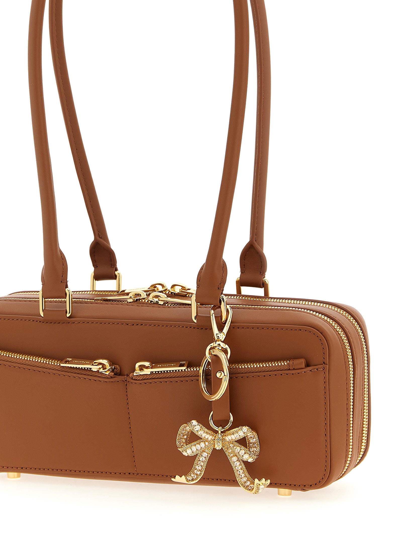 Self-portrait Tan Leather Baguette With Charm Shoulder Bag In Brown