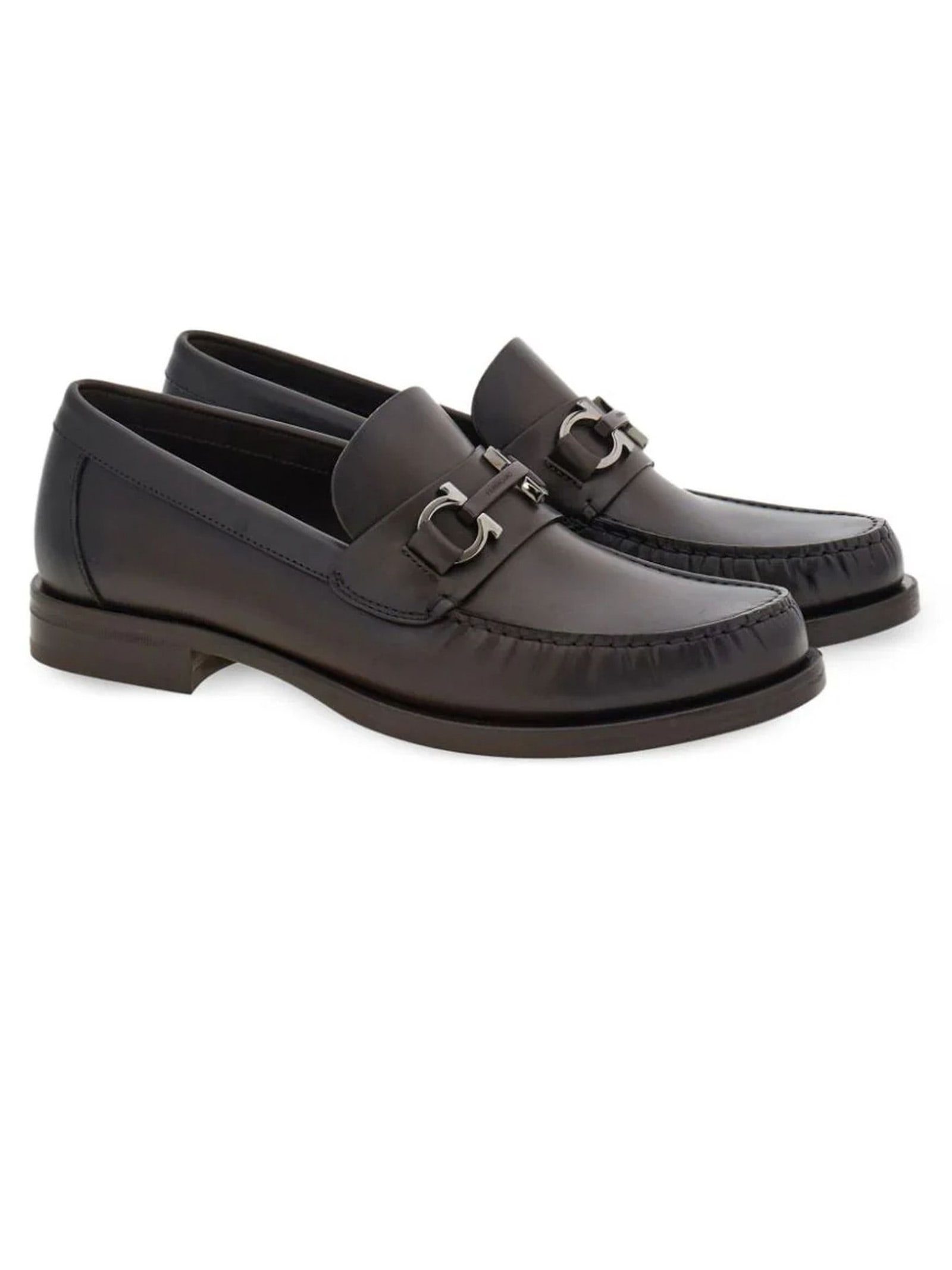 Shop Ferragamo Brown Calf Leather Gancini Loafers