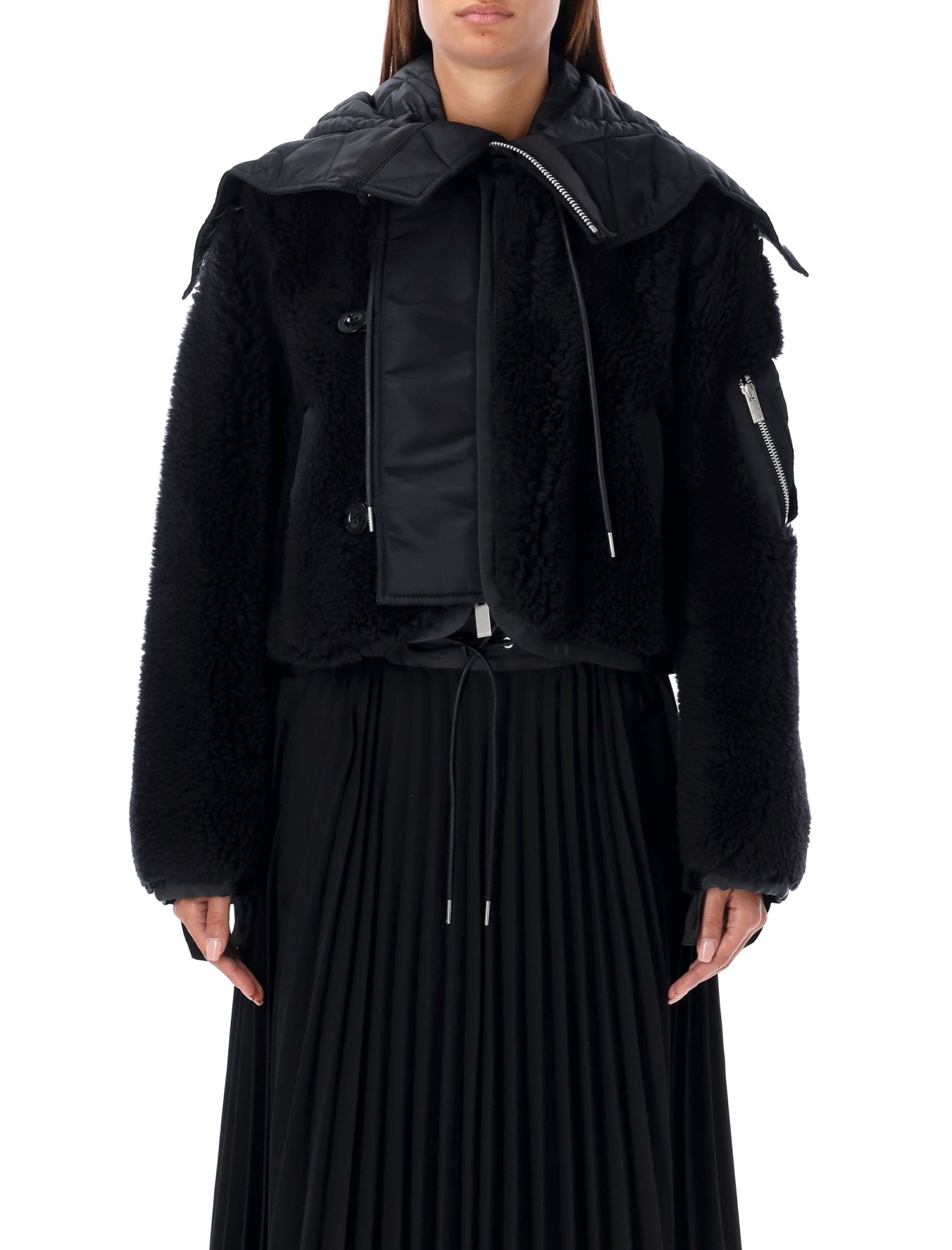 Shop Sacai Teddy Cropped Bomber In Black