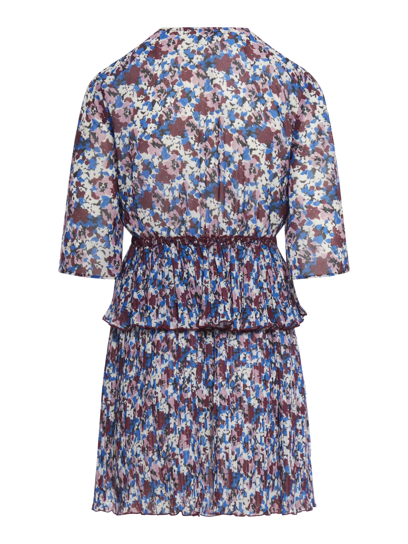 Shop Ganni Pleated Georgette V-neck Flounce Mini Dress In Multicolour