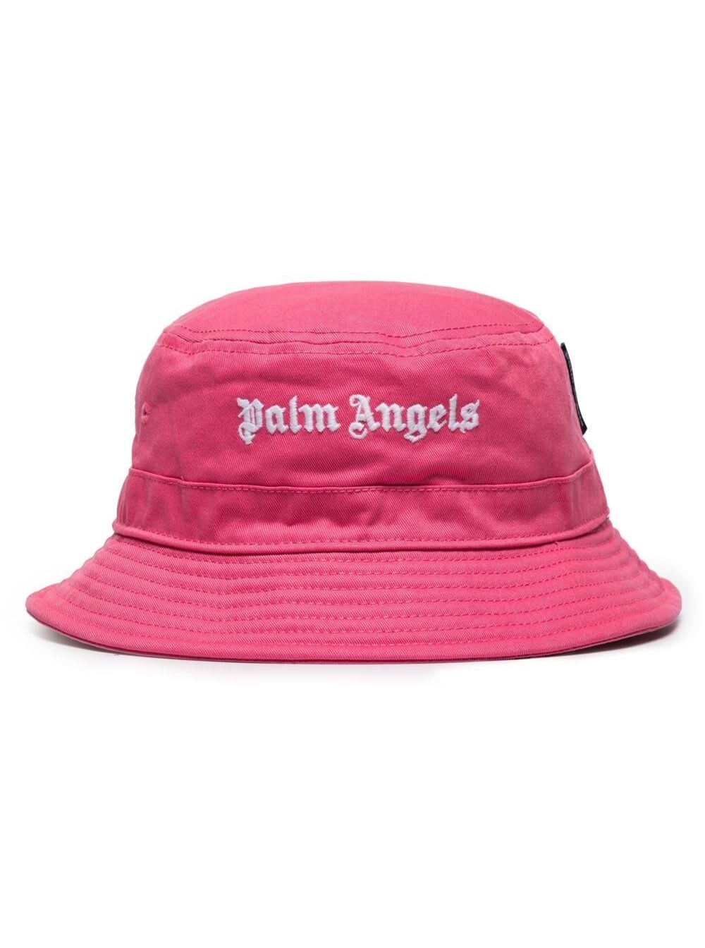 Palm Angels Womans Fuxia Cotton Bucket Hat Black With Classic Logo