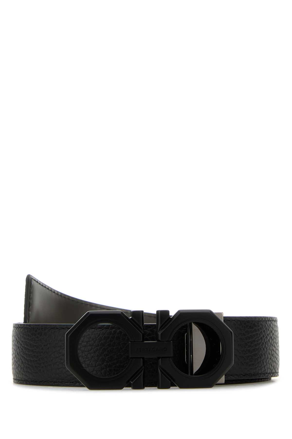 Shop Ferragamo Black Leather Reversible Belt In Nerodarkgrey