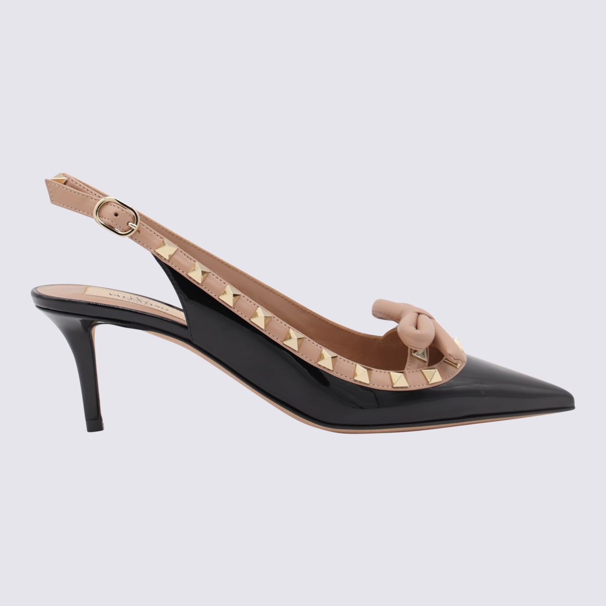 Shop Valentino Black And Rose Cannelle Leather Rockstud Slingback Pumps In Nero/rose Cannelle