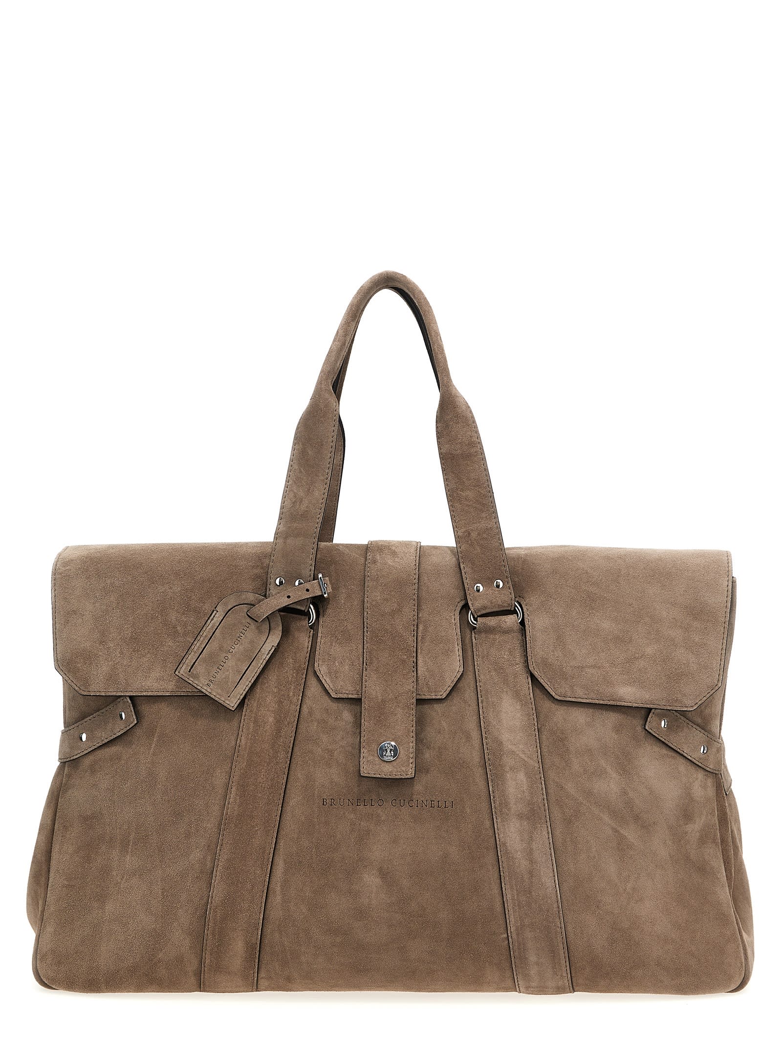 Shop Brunello Cucinelli Logo Suede Duffel Bag In Beige