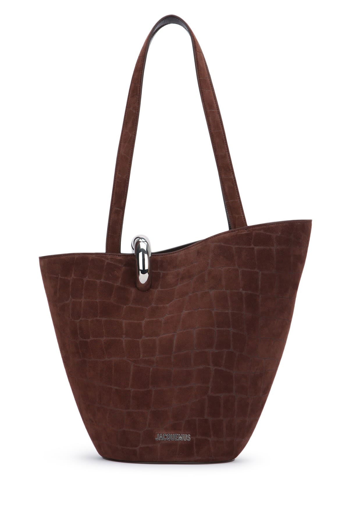 Jacquemus Medium Bambola Croc-embossed Suede Shoulder Bag In Brown
