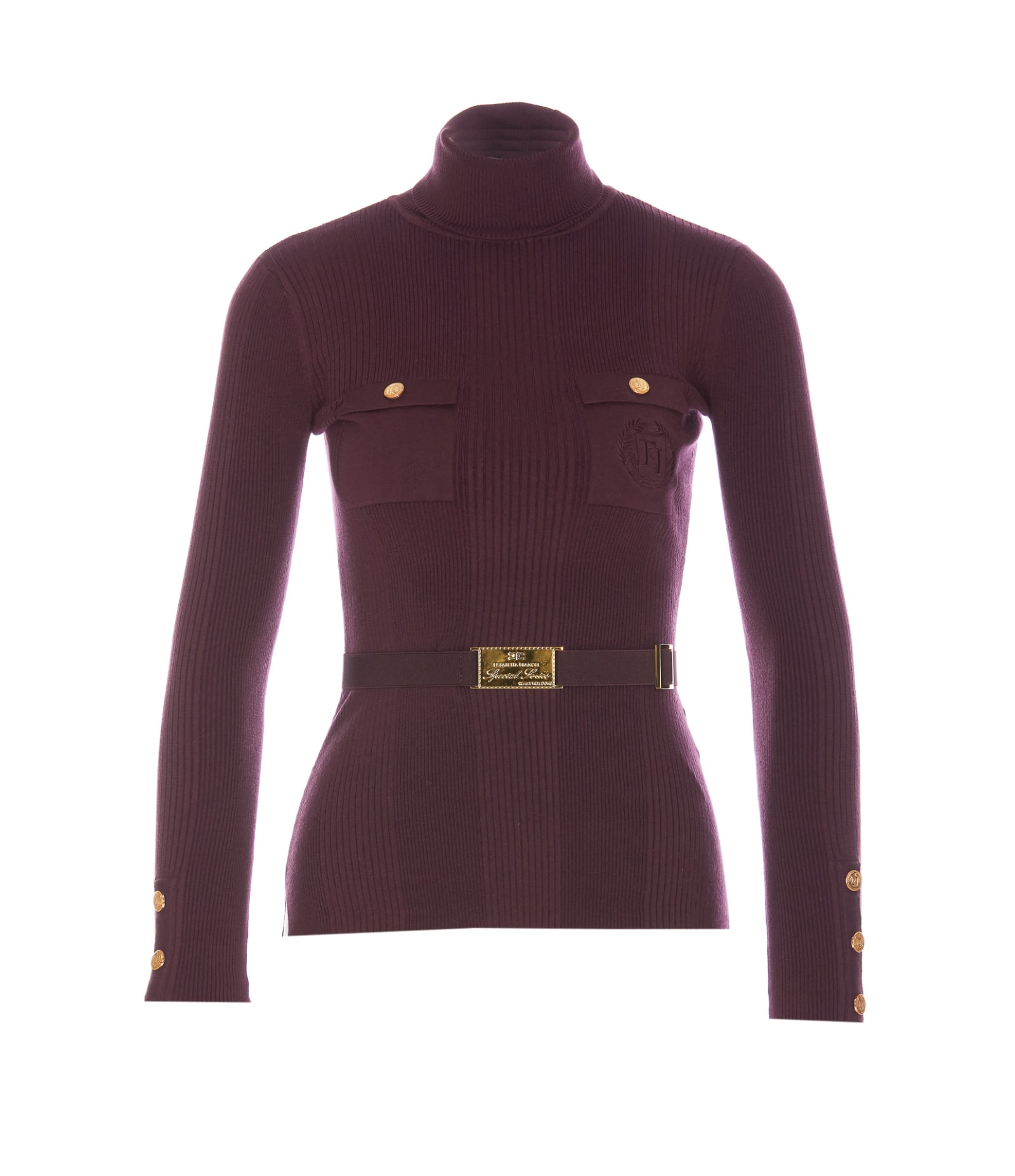 Shop Elisabetta Franchi Logo Embroidered Sweater With Belt  In Bordeaux