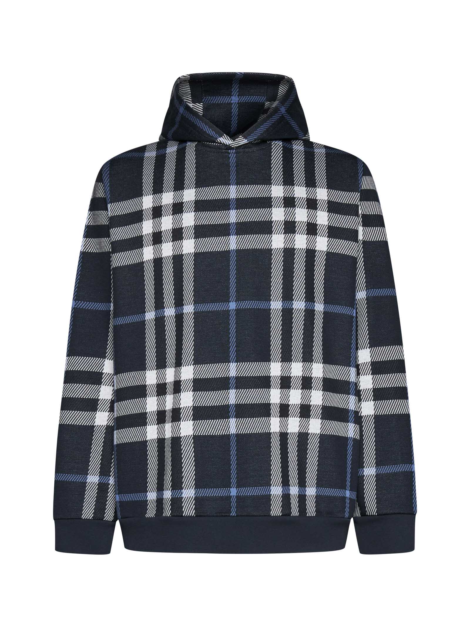 Blue Hoodie With All-over vintage Check In Cotton Man
