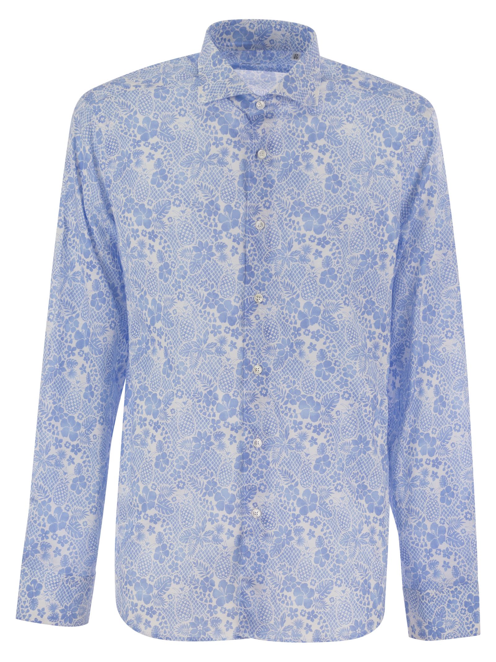 Shop Fedeli Printed Stretch Cotton Voile Shirt In Light Blue