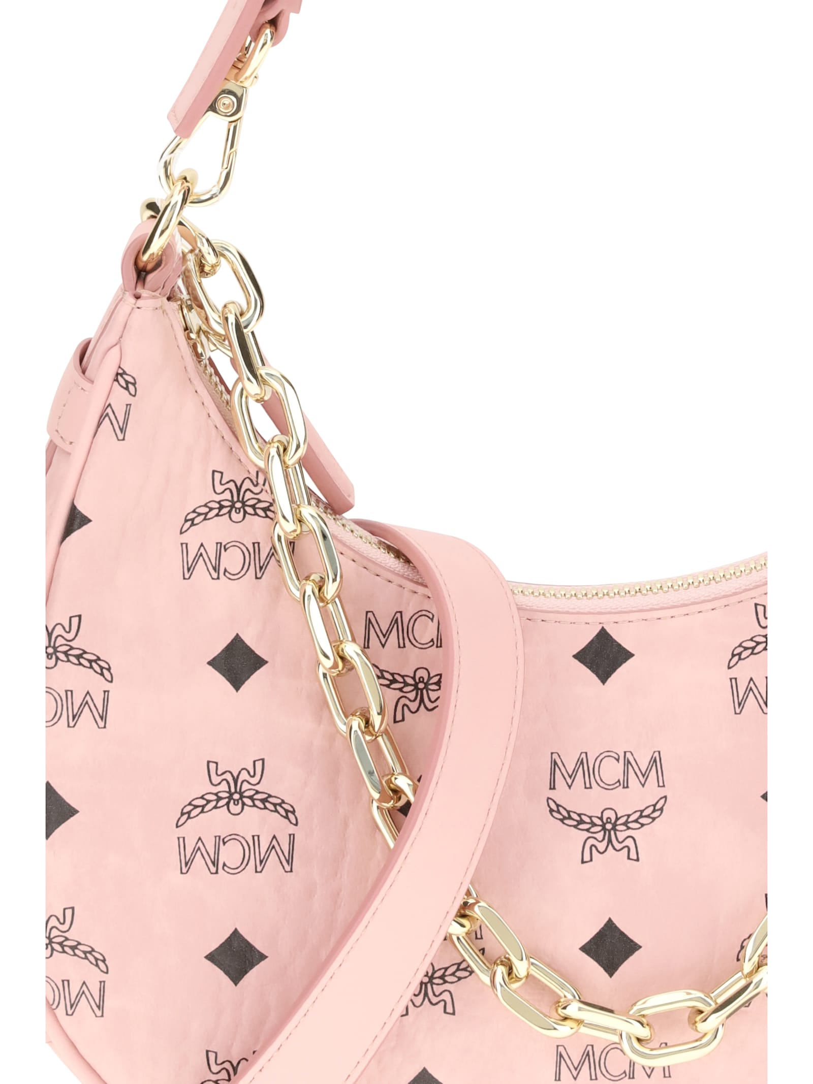 Mcm Aren Crescent Hobo Bag In Visetos In Pink