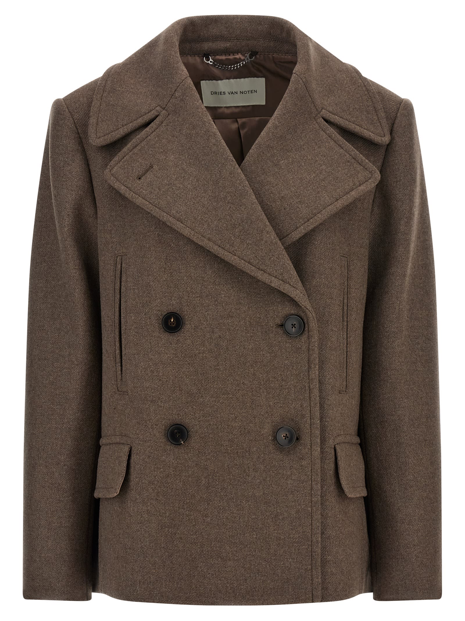 Dries Van Noten Pleated Back Double-breasted Coat With Lapels And Pockets In Brown