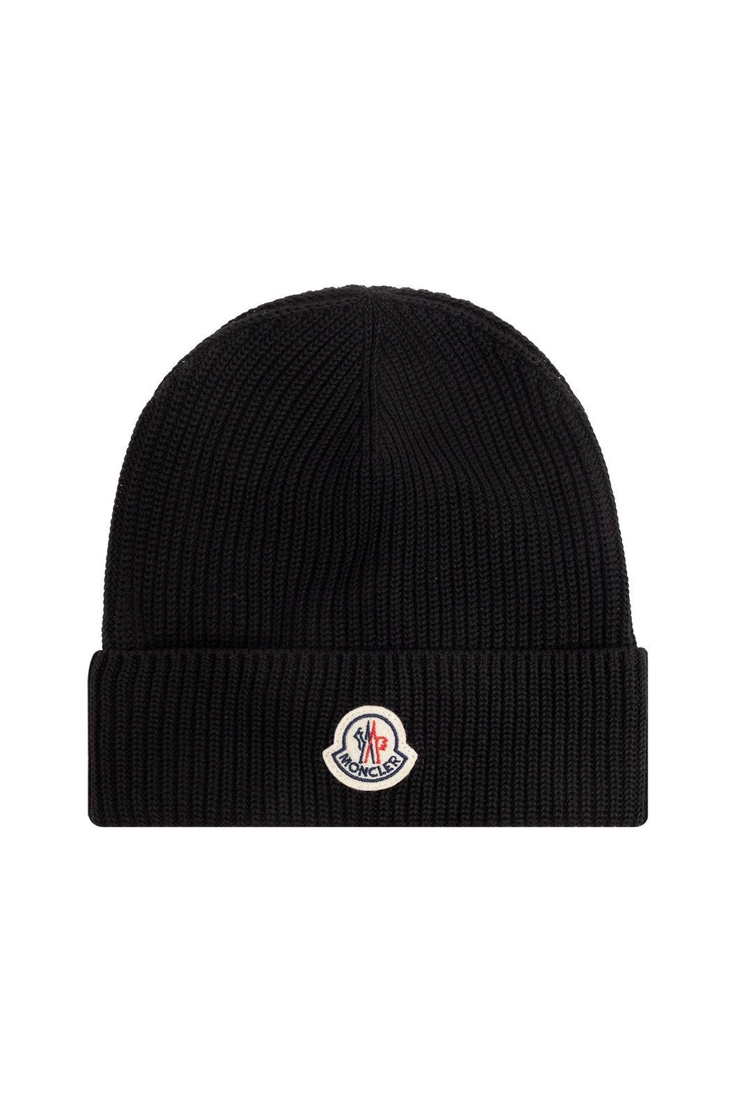 Shop Moncler Logo Patch Ribbed-knit Beanie In Black