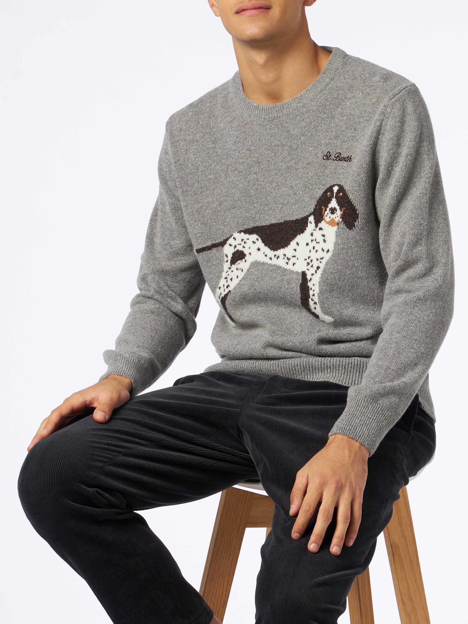 Shop Mc2 Saint Barth Man Crewneck Donegal Sweater With Country Dog Jacquard Print In Grey