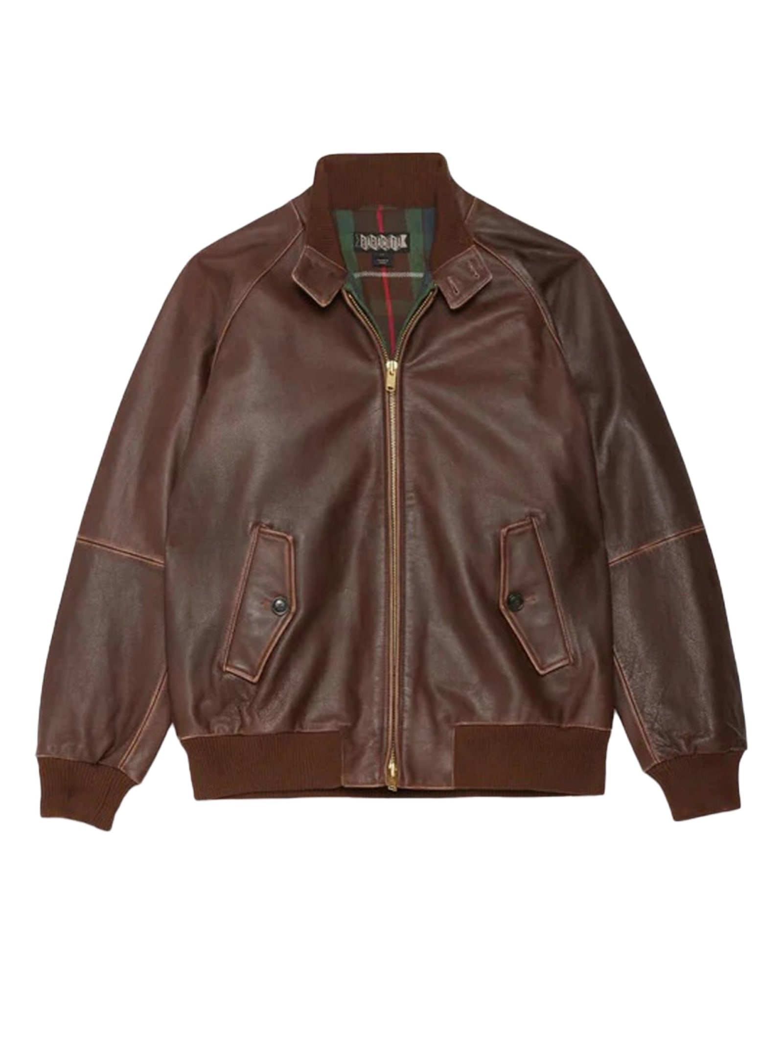 Baracuta Leather Jacket With Ribbed Collar And Pockets In Brown