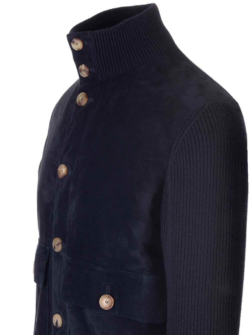 Shop Brunello Cucinelli Suede And Cashmere Knit Jacket In Blue