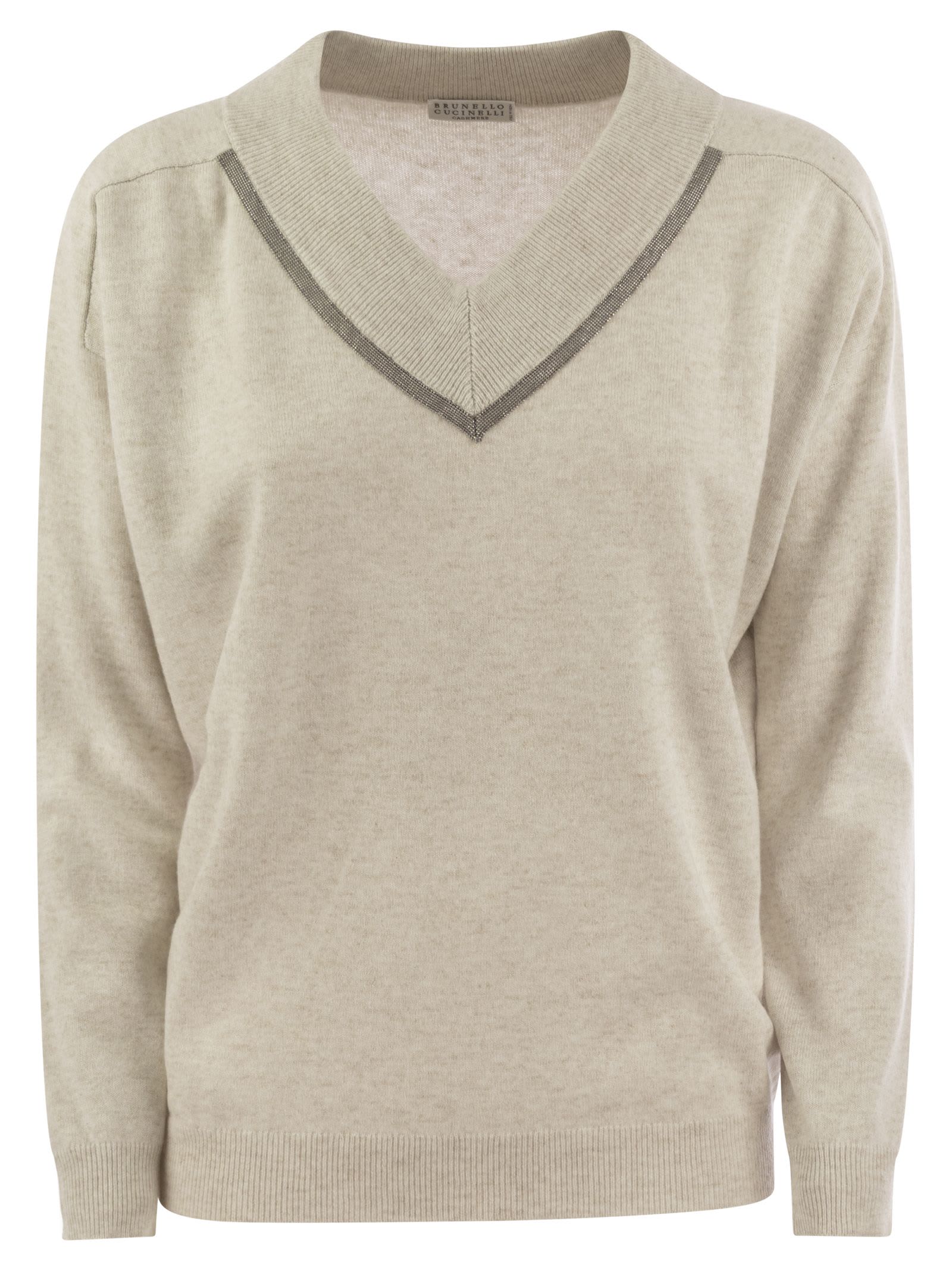 Shop Brunello Cucinelli Cashmere Sweater With Shiny Neckline In Pearl