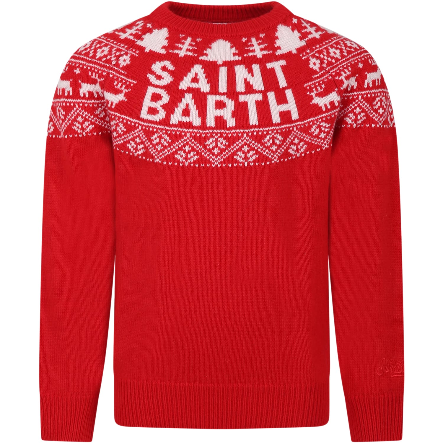 Mc2 Saint Barth Red Sweater For Kids With Jacquard Logo Print