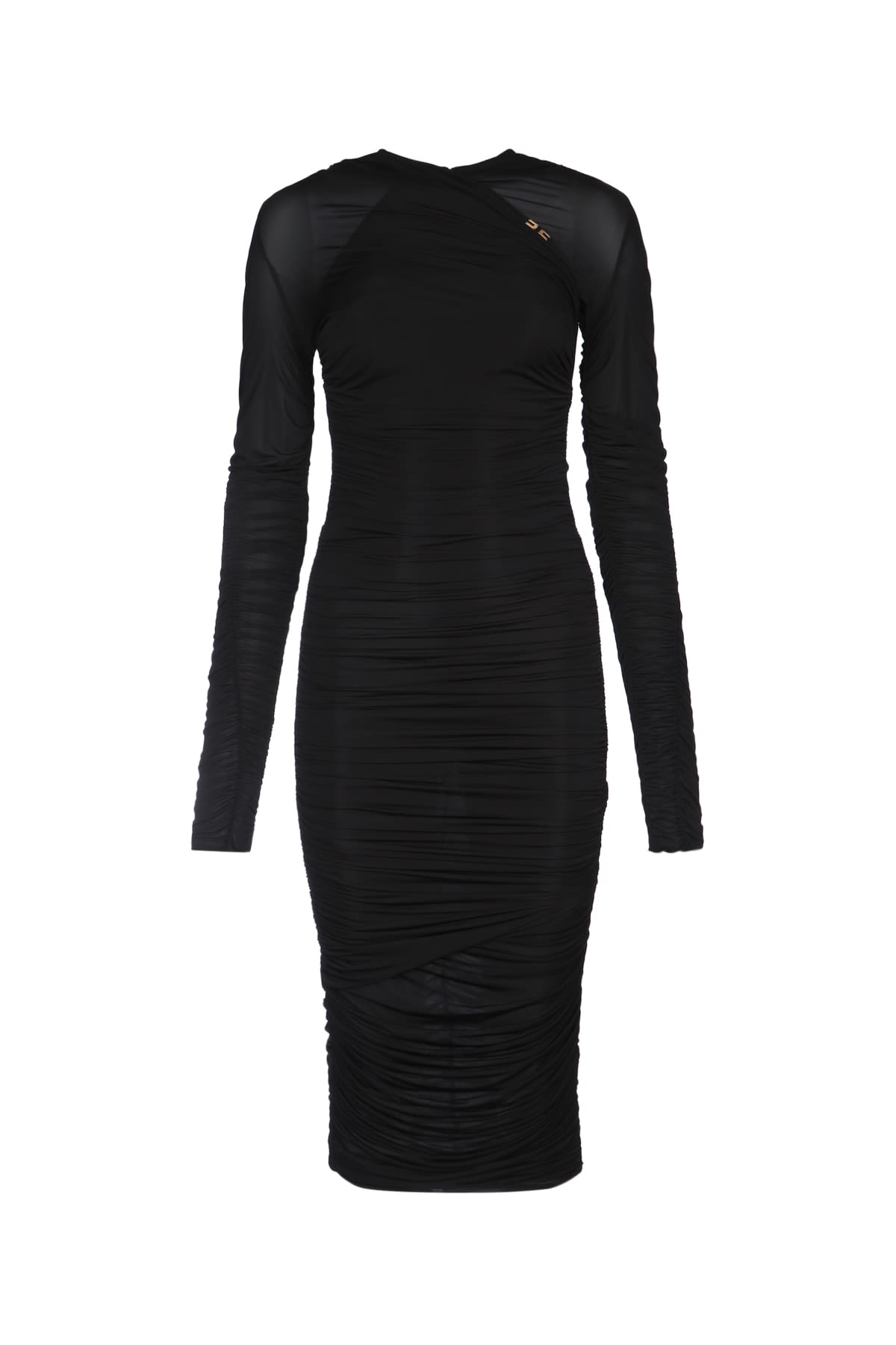 Elisabetta Franchi Long Sleeve Midi Dress With Sheer Fabric In Black