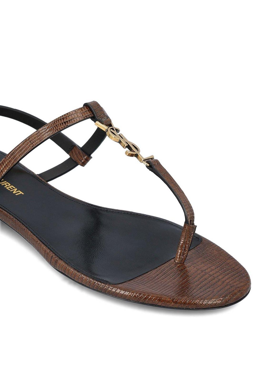 Shop Saint Laurent Logo Plaque Open Toe Sandals In Macadamia Brown