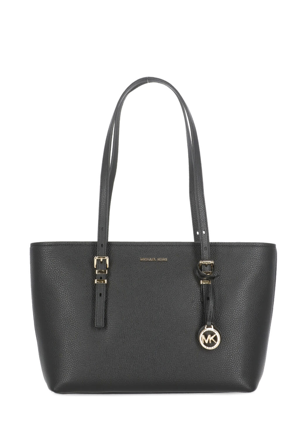 Michael Michael Kors Quinn Black Medium Tote Bag With Removable Logo Charm And Embossed Logo Lettering On The Front In Gr In Black