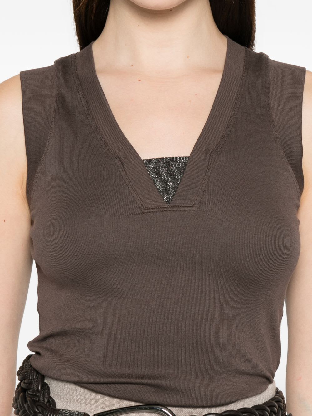 Brunello Cucinelli Cotton Tank V Neck Stretch Ribbed Top In Brown