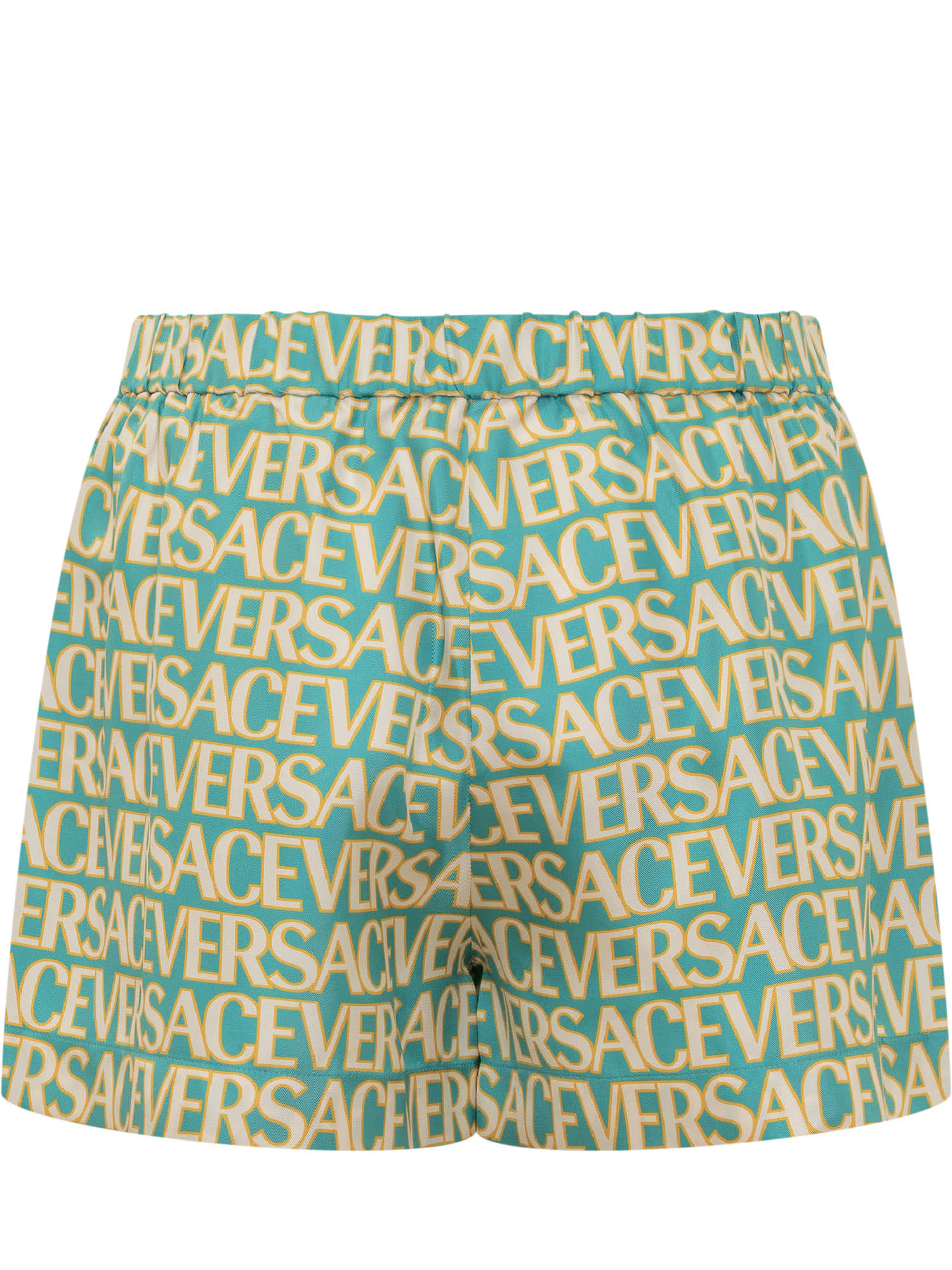 Shop Versace Silk Shorts In Turquoise-avorio