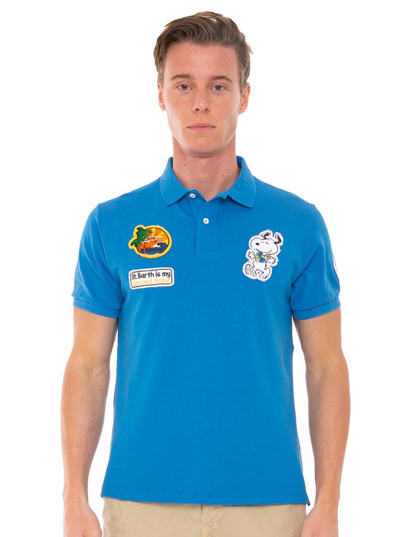 Mc2 Saint Barth Stretch Piquet Polo With Snoopy Patch Peanuts Special Edition In Blue