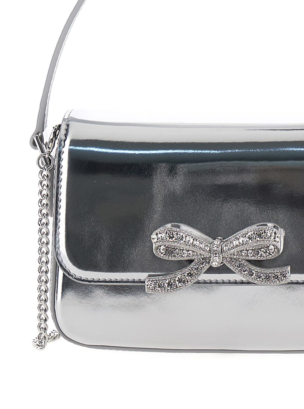 Shop Self-portrait Micro Silver Handbag With Bow Detail In Metallic Leather Woman