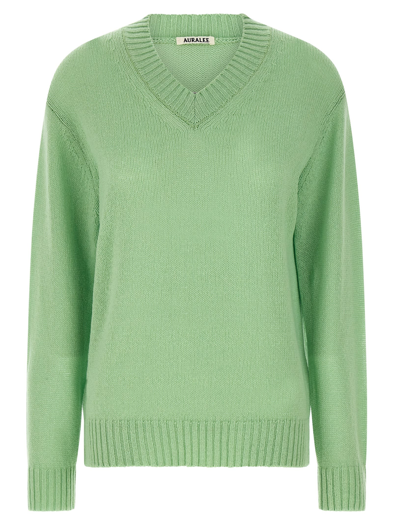 Auralee V-neck Long Sleeve Cashmere Knit Sweater In Green
