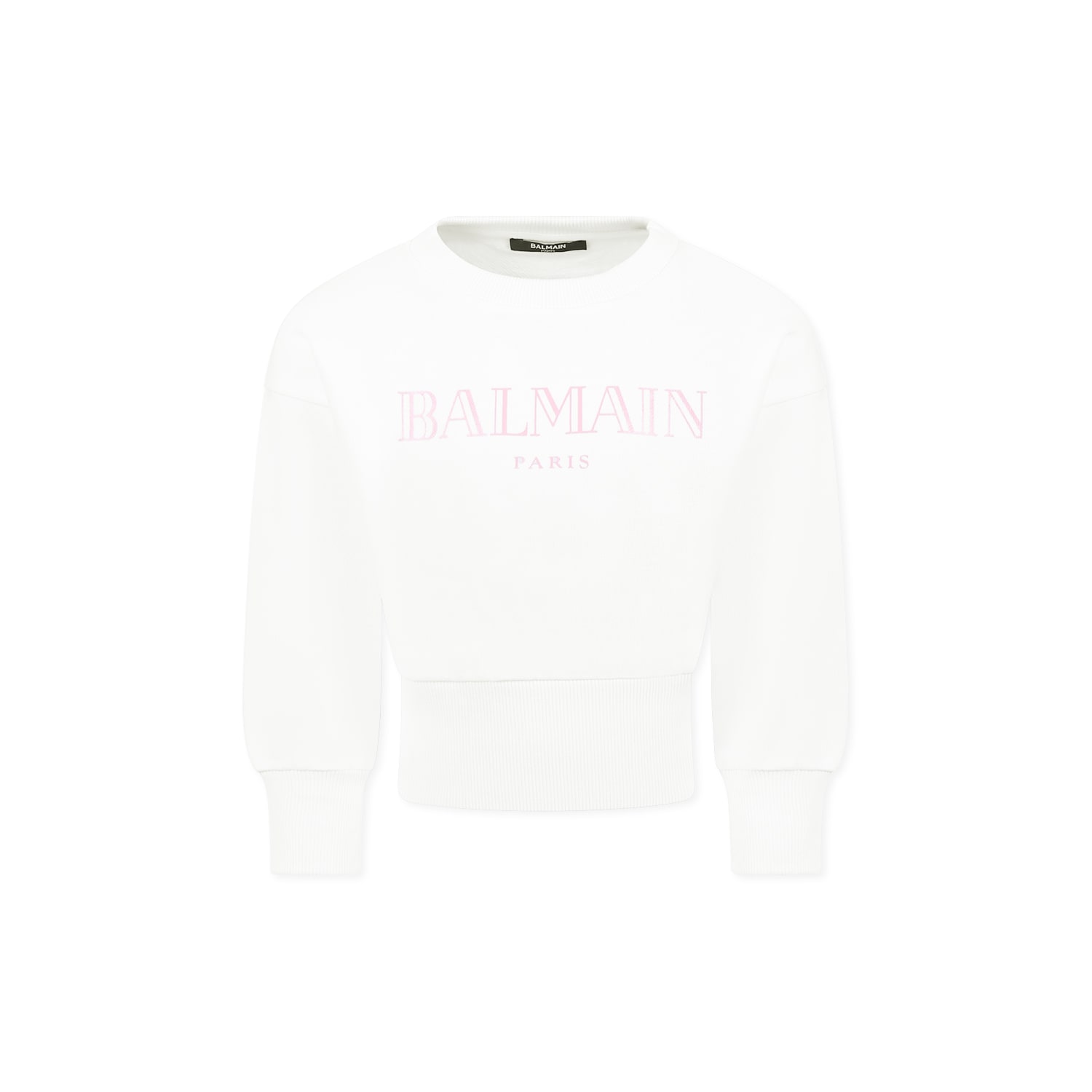 BALMAIN WHITE CROP SWEATSHIRT FOR GIRL WITH LOGO