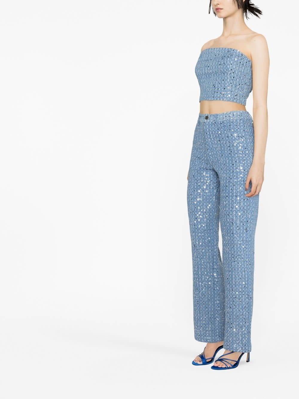 Rotate Birger Christensen Main Boots In Medium Blue Denim W. Sequin