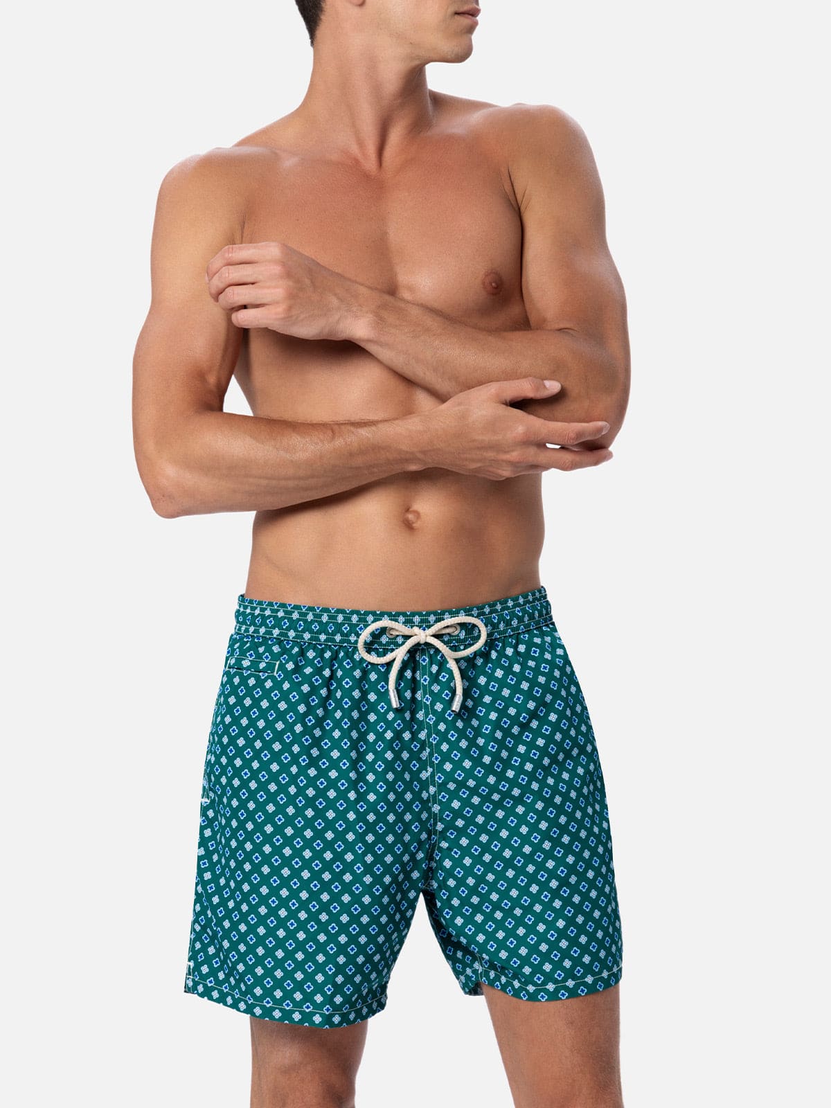 Mc2 Saint Barth Man Lightweight Fabric Swim-shorts Lighting Micro Fantasy With Tie Print In Green
