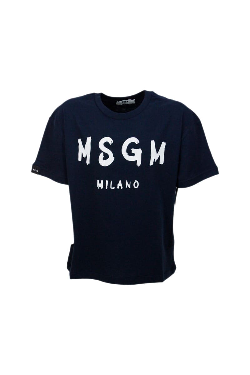 MSGM Neck Cotton T-shirt With Front Logo Lettering