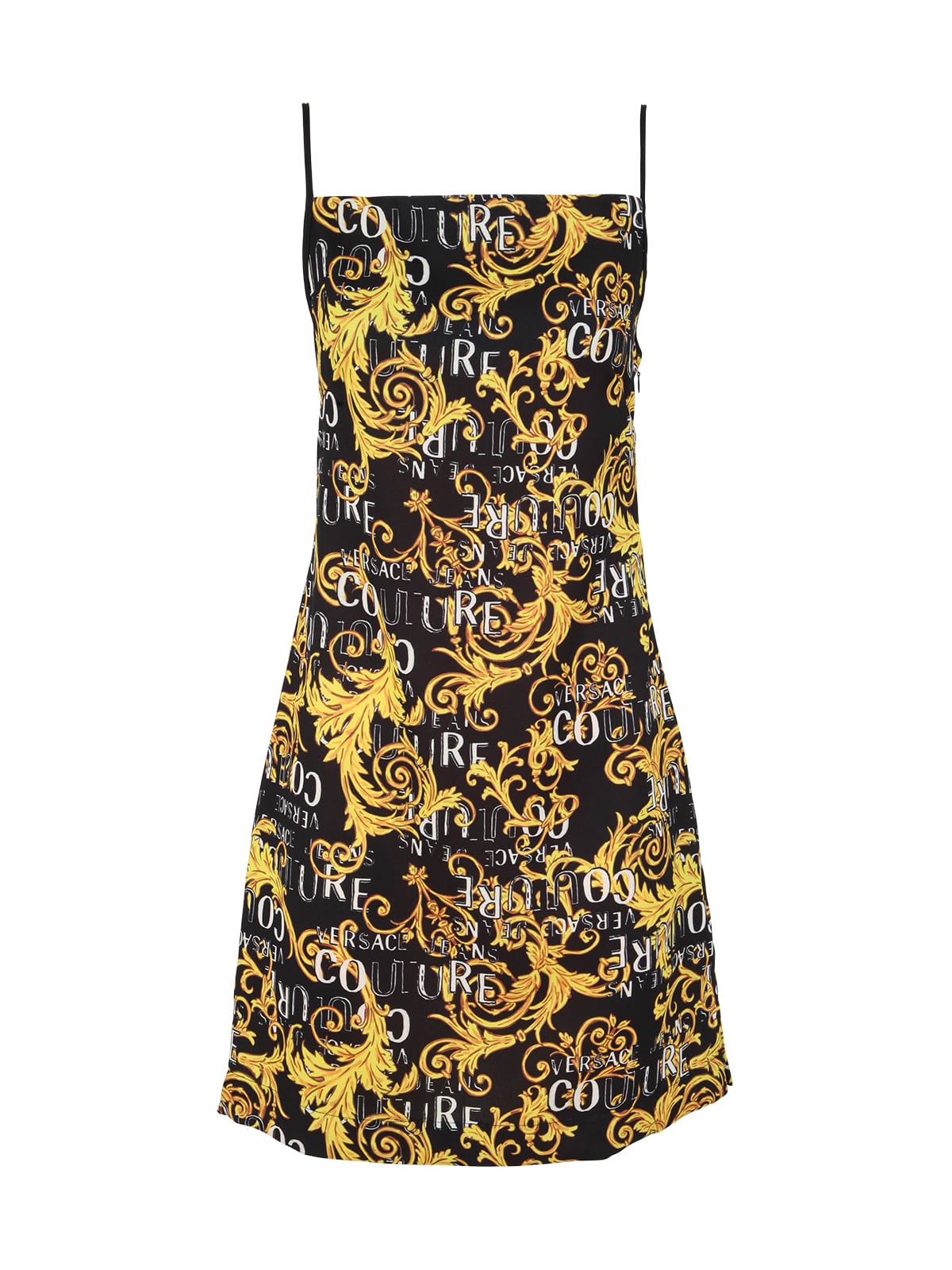 Versace Jeans Couture Logo Print Sleeveless Minidress In Black Gold