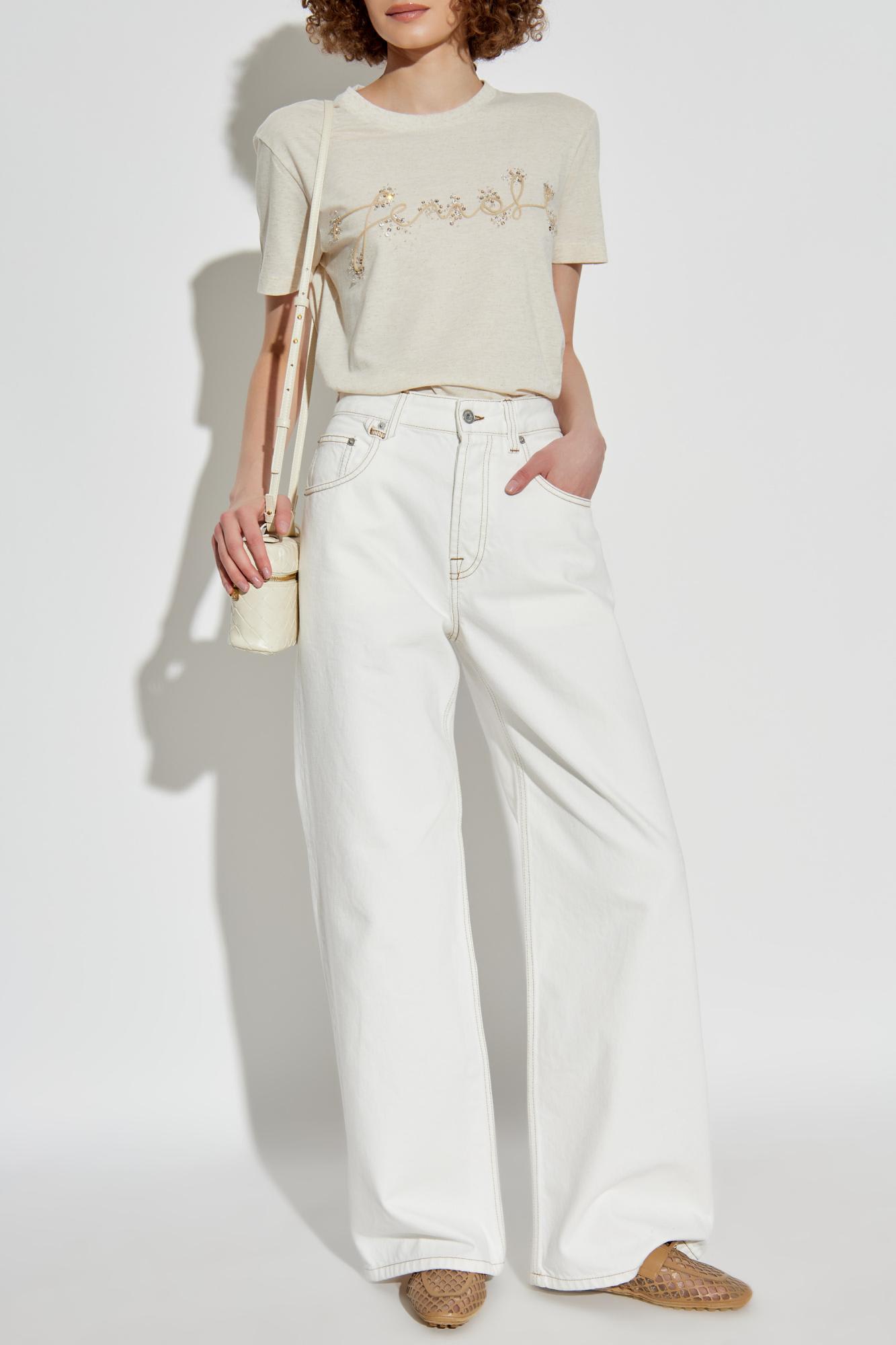 Fendi T-shirt With Shimmering Appliqués In Neutral